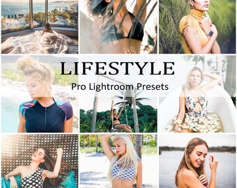May include: A collage of images showcasing a variety of lifestyle photography presets. The presets are designed to enhance the look of photos, giving them a warm, vibrant, and natural feel. The images feature people in various settings, including beaches, pools, and tropical landscapes.