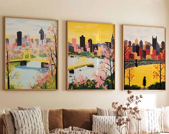Set of 3 Pittsburgh Pennsylvania Posters, Vintage Travel Prints, USA City Skyline Wall Art, Steel City Decor, Three Rivers Poster Set