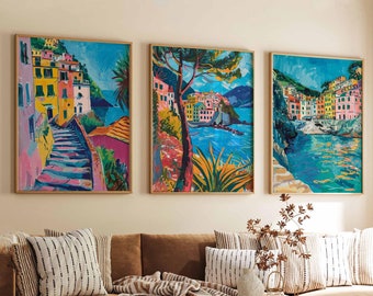 Set of 3 Cinque Terre Posters, Italy Prints, Painted Coastal Wall Art, Cinque Terre Mediterranean Travel Poster, Colourful Landscape Gift