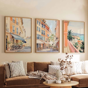 Juego de 3 carteles de viajes de Niza, impresiones de arte mural de Francia, decoración de la Riviera francesa, impresión de viaje de la Costa Azul, obra de arte de playa de Niza,