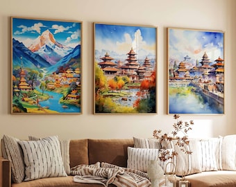 Set of 3 Nepal Poster Set, Vintage Nepalese Floral Prints, Oriental Art, Folk Art Poster, Asian Travel Art, Asian Decor, Nepal Gift