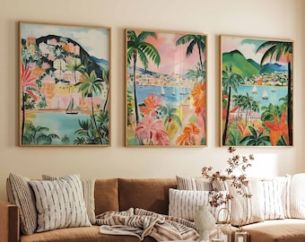 Lot de 3 affiches de voyage en Martinique, imprimés floraux tropicaux, imprimés tropicaux, art mural des Caraïbes, décoration des Caraïbes, lot de 3 imprimés floraux