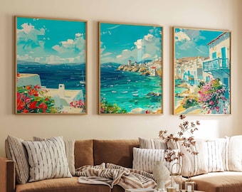 Set of 3 Mykonos Travel Prints, Mykonos Travel Posters, Tropical Decor, Botanical Art, Greek Travel Print, Greek Gift, Mykonos Gift