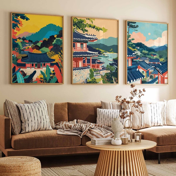 Set of 3 Korean Posters, Vintage Korean Street Print, Asian Print, Korean Gift, Travel Print, South Korean Decor, Korean Culture Art
