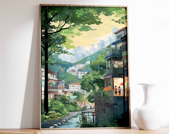 May include: A framed painting of a city street scene with lush green trees, buildings, and a couple walking under an umbrella. The painting has a vintage, illustrated style.