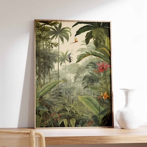 Impressão botânica vintage, pôster floral tropical, arte floral Henri Rousseau, decoração floral, arte de parede vintage, arte da selva, estética da selva