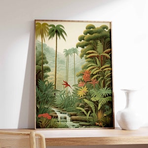Impressão botânica vintage, pôster floral tropical, arte floral Henri Rousseau, decoração floral, arte de parede vintage, arte da selva, estética da selva