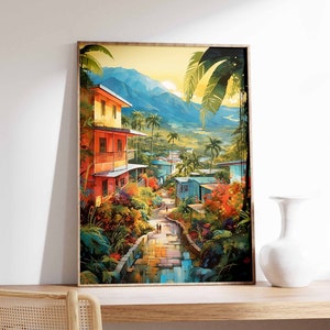 Poster di viaggio di Haiti, Stampa di Haiti, Arte della parete caraibica, Poster di viaggio dei Caraibi, Arte floreale, Arte della parete tropicale, Poster di arte popolare, Arredamento latino