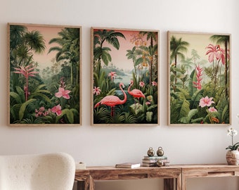 Vintage Tropical Flamingo Poster Set, Set of 3 Jungle Posters, Henri Rousseau Botanical Art, Floral Decor, Vintage Wall Art, Floral Art Gift