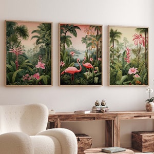 Vintage Tropical Flamingo Poster Set, Set of 3 Jungle Posters, Henri Rousseau Botanical Art, Floral Decor, Vintage Wall Art, Floral Art Gift