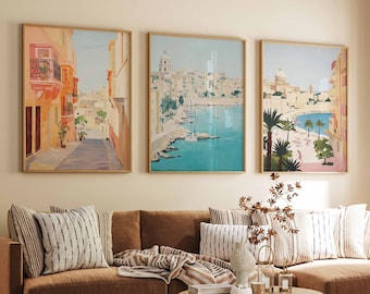 Set of 3 Malta Posters, Malta Travel Prints, Valletta Travel Art, Floral Wall Art, Maltese Art Poster, Tropical Floral Art