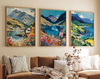 Conjunto de 3 pósteres del Parque Nacional de Snowdonia, impresiones de viaje a Gales, Reino Unido, póster de viaje al Reino Unido, arte floral, póster de arte de viaje a Gales, regalo galés