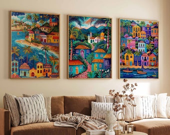 May include: Three colorful framed paintings depicting a seaside town with buildings, palm trees, and boats. The paintings are hung on a wall above a brown couch with pillows.