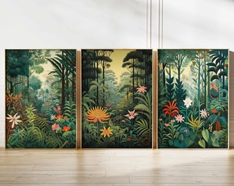 Set of 3 Vintage Botanical Posters, Set of 3 Floral Prints, Henri Rousseau Floral Art, Floral Decor, Vintage Wall Art, Vintage Leaf Art Gift