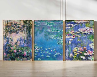 Set of 3 Water Lilies Print, Claude Monet Floral Posters, Monet Wall Art, Flower Poster Set, Monet Nature Art, Floral Wall Art, A1/A2/A3/A4