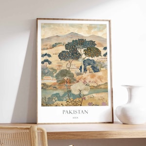 May include: A vintage-style illustration of a landscape in Pakistan. The image features a lush green valley with trees, a river, and a village in the distance. The colors are muted and earthy, with shades of green, brown, and blue. The text "PAKISTAN ASIA" is printed at the bottom of the image.