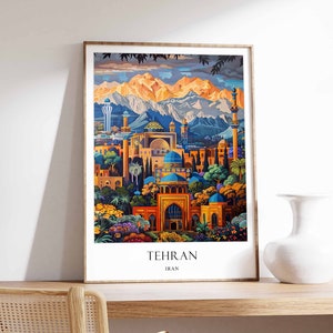 May include: A colorful illustration of the Tehran skyline, featuring a mosque with blue and gold domes, a tall tower, and a mountain range in the background. The text "TEHRAN" and "IRAN" is printed below the image.