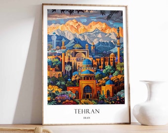 May include: A colorful illustration of the Tehran skyline, featuring a mosque with blue and gold domes, a tall tower, and a mountain range in the background. The text "TEHRAN" and "IRAN" is printed below the image.