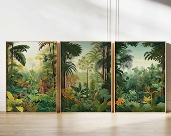 Puede incluir: Tres impresiones enmarcadas de exuberantes escenas de jungla verde con altas palmeras, helechos y otros follajes tropicales. Las impresiones están en marcos dorados y están dispuestas una al lado de la otra.