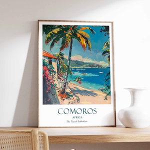 Póster de Comoras, póster del océano Índico, póster de África, póster de isla, póster tropical, póster de viaje de Comoras, póster de viaje de la India, arte indio