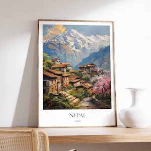 May include: A colorful painting of a village nestled in the Himalayas, with snow-capped mountains in the background. The painting is titled "Nepal, Asia".