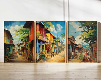 May include: A set of three framed paintings depicting a colorful street scene in a tropical town. The paintings feature vibrant colors, detailed architecture, and palm trees.