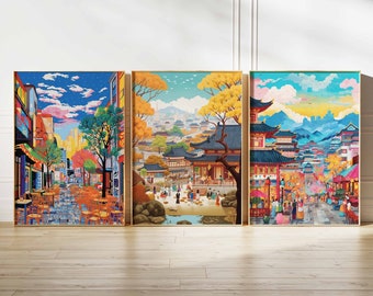 Set of 3 Korean Posters, Vintage Korean Street Print, Asian Print, Oriental Wall Art, Travel Print, South Korean Decor, Korean Culture Art