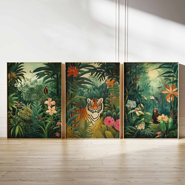 Ensemble d'affiches florales vintage, lot de 3 affiches tropicales, art botanique Henri Rousseau, affiche tigre, art mural vintage, décoration de feuille vintage, cadeau