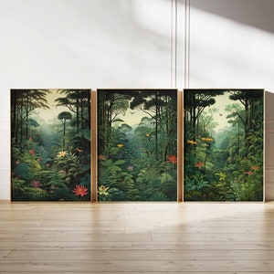 Conjunto de pôsteres vintage de selva, conjunto de 3 pôsteres tropicais, arte botânica de Henri Rousseau, decoração floral, arte de parede de selva, decoração de folhas vintage, presente
