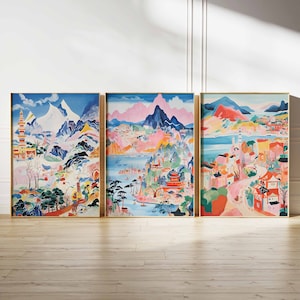 Set of 3 Korean Posters, Vintage Korean Street Print, Asian Print, Oriental Wall Art, Travel Print, South Korean Decor, Korean Culture Art