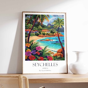 Póster de Seychelles, impresión de Seychelles, póster del océano Índico, póster exótico, decoración de viaje de Seychelles, arte mural de Seychelles, impresión de pared del océano