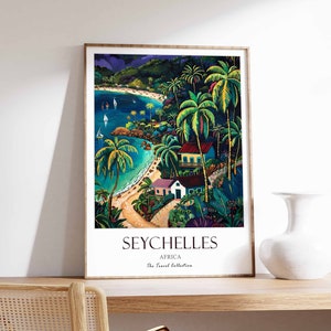 Póster de Seychelles, impresión de Seychelles, póster del océano Índico, póster exótico, decoración de viaje de Seychelles, arte mural de Seychelles, impresión de pared del océano