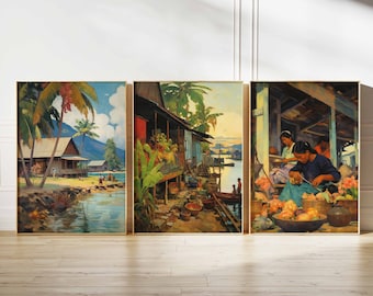 May include: Three framed paintings depicting scenes from a tropical village. The first painting shows a waterfront village with palm trees and a wooden house. The second painting shows a similar village with a wooden house and a river. The third painting shows a group of people preparing food in a market.