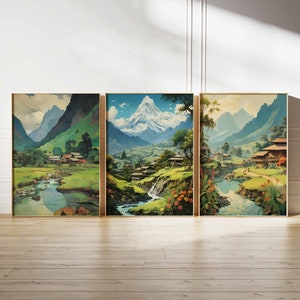 Set of 3 Nepal Poster Set, Vintage Nepalese Floral Prints, Oriental Art, Folk Art Poster, Asian Travel Art, Asian Decor, Nepal Gift