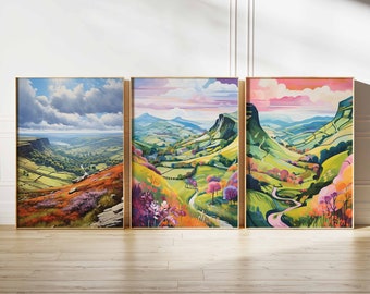 Peak District National Park Set of 3 Posters, Derbyshire UK Travel Prints, UK Travel Poster, Floral Art, The Peak District Poster