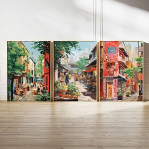 Set of 3 Chinese Posters, Vintage Chinese Street Print, Asian Print, Oriental Wall Art, Travel Print, Chinese Decor, Chinese Culture Art