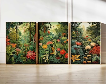 Set of 3 Vintage Botanical Posters, Set of 3 Floral Prints, Henri Rousseau Floral Art, Floral Decor, Vintage Wall Art, Vintage Garden Art