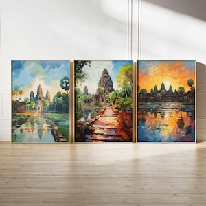 Set of 3 Cambodia Poster Set, Vintage Angkor Wat Floral Prints, Indigenous Art, Folk Art Poster, Asia Travel Art, Southeast Asia Wall Art