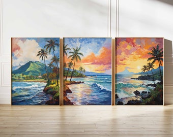 Op de afbeelding: Een set van drie ingelijste schilderijen die tropische landschappen afbeelden met palmbomen, weelderig groen en oceaan golven. De schilderijen tonen levendige kleuren, waaronder blauw, groen en oranje, en tonen een serene en idyllische omgeving.