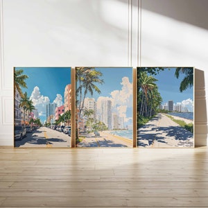 Juego de 3 pósteres de Miami, juego de arte vintage de Miami, póster de Miami, póster de Florida, póster tropical, póster del océano, impresión artística de Miami, arte de Florida