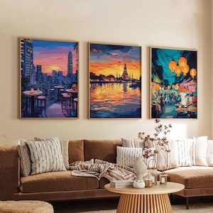 Set of 3 Bangkok Posters, Thailand Travel Posters, Bangkok Skyline Wall Art, Cityscape Prints Set, Modern Bangkok Poster Decor