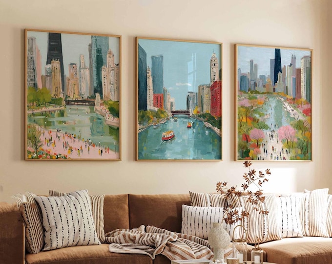 Set of 3 Chicago Posters, Illinois Wall Art Prints, Chicago Travel Poster Set, City Skyline Prints, Urban Architecture Posters