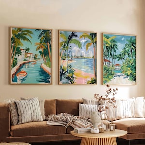 Set van 3 Miami-posters, Florida-reisafdrukken, strand muurkunst sets, kleurrijk decor skyline poster, kuststad print cadeau
