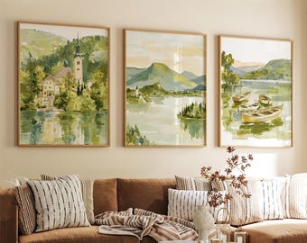 Lake Bled Slovenia Poster Set Of 3 | Vintage Landscape Wall Art | Alpine Lake Travel Prints