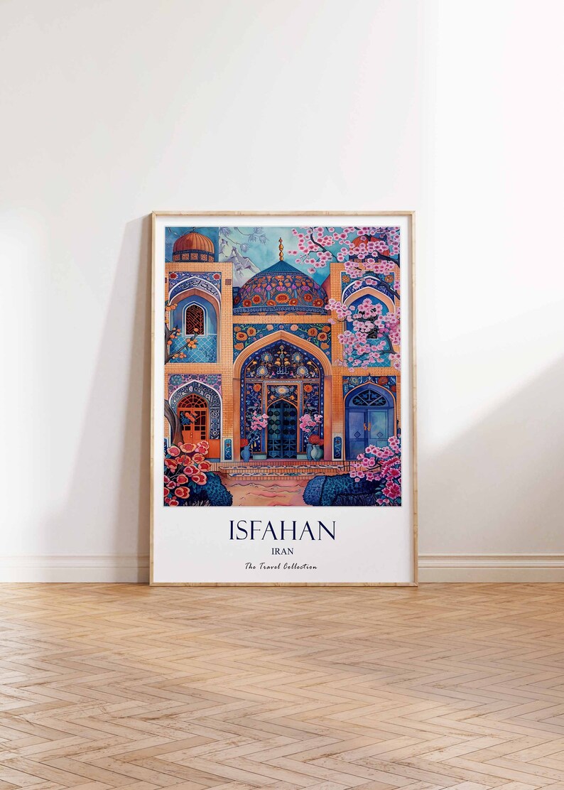 May include: A colourful illustration of a mosque in Isfahan, Iran. The mosque is decorated with intricate tile work and floral patterns. The illustration is framed in a light wood frame.