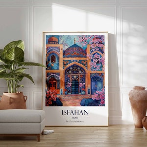 May include: A colourful illustration of a building with intricate details and a blue dome. The building is surrounded by pink flowers and the text "ISFAHAN IRAN The Travel Collection" is at the bottom of the image.