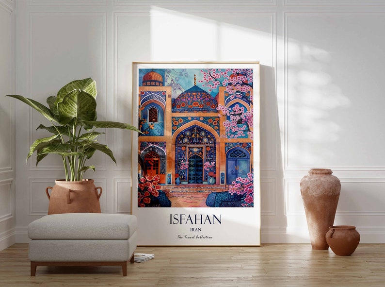 May include: A colourful illustration of a building with intricate details and a blue dome. The building is surrounded by pink flowers and the text "ISFAHAN IRAN The Travel Collection" is at the bottom of the image.