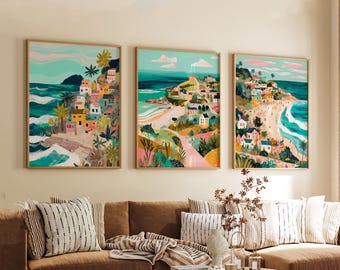 Set of 3 Carbis Bay Travel Posters, Cornwall Coastal Wall Art, UK Beach Prints, Vintage Seaside Decor, Modern Travel Artwork for Home