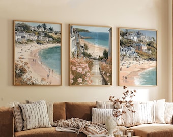 Set of 3 Carbis Bay Travel Posters, Cornwall Coastal Wall Art, UK Beach Prints, Vintage Seaside Decor, Modern Travel Artwork for Home