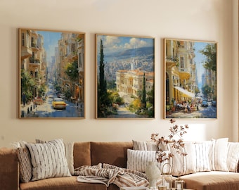 Lot de 3 affiches Beyrouth, art mural voyage au Liban, ensemble d'impressions ville méditerranéenne, oeuvre d'art moderne, décoration d'intérieur côtière, style paysage urbain